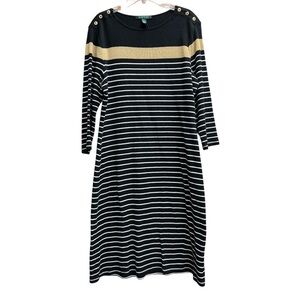 Lauren Ralph Lauren Black/White Striped Knit Dress with Bood Gold Stripe
